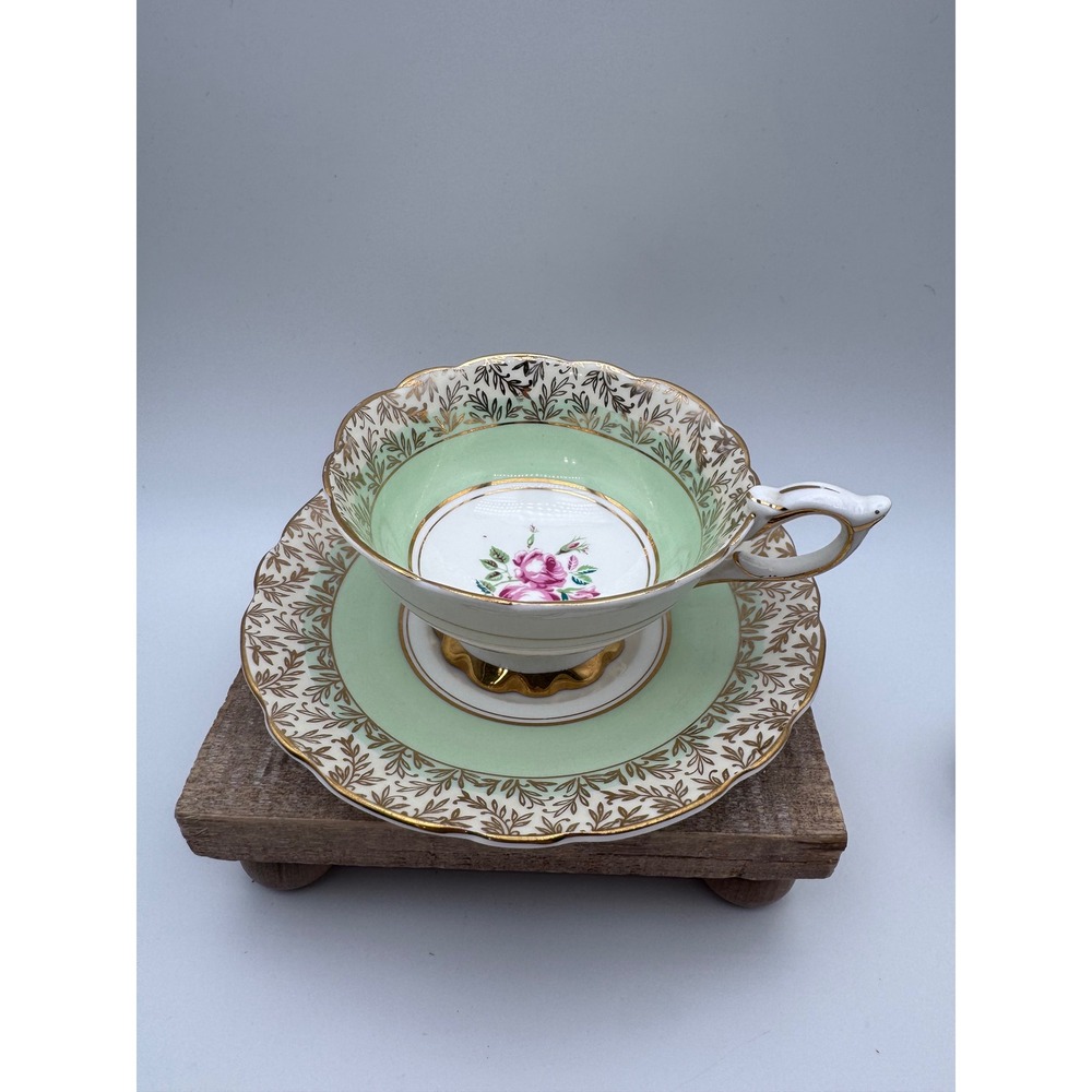 Royal Stafford Teacup and Saucer Mint Green Gold Filigree Pink Rose Bone China